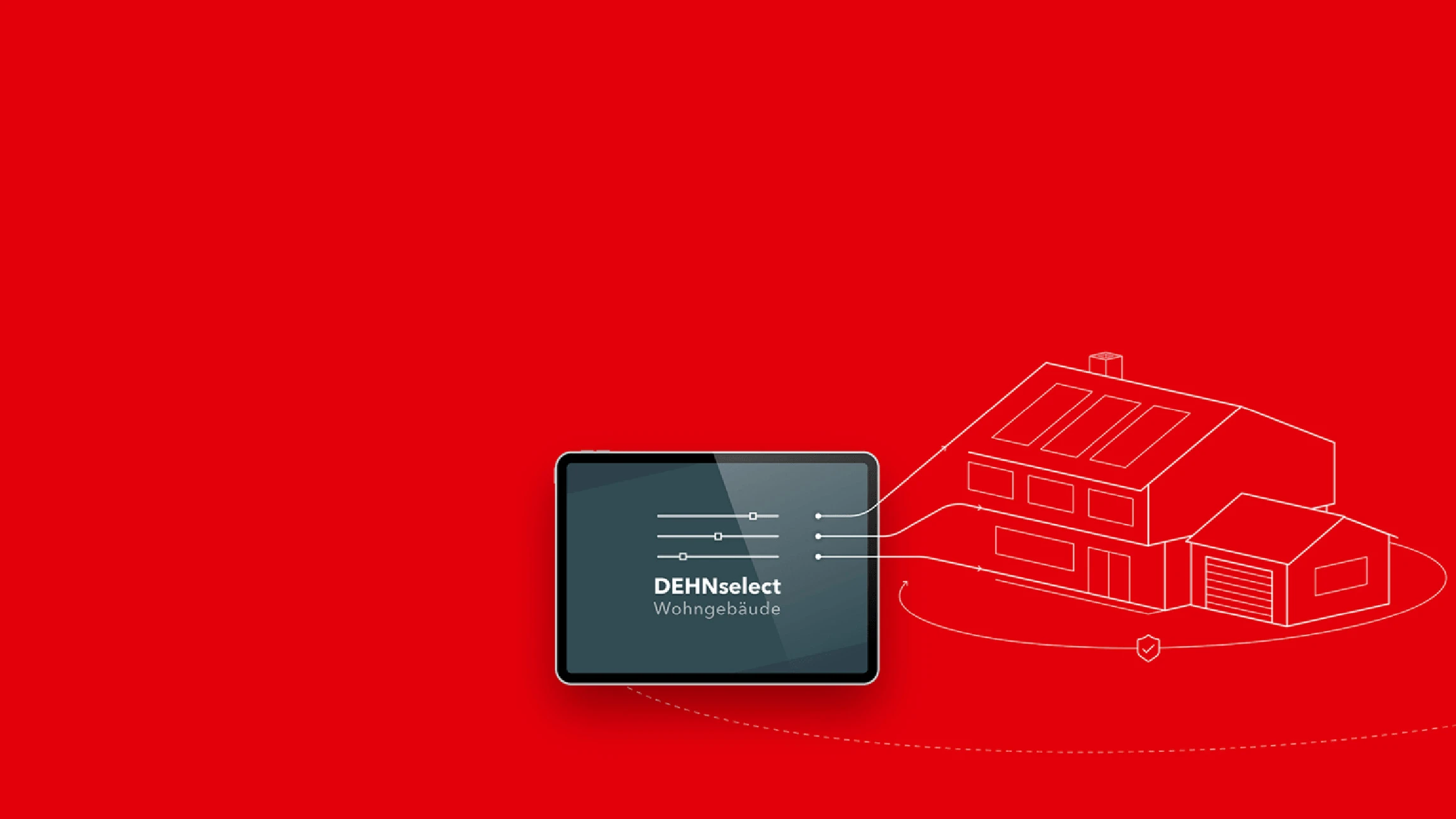 Line drawing of a house with a screen in the foreground on a red background