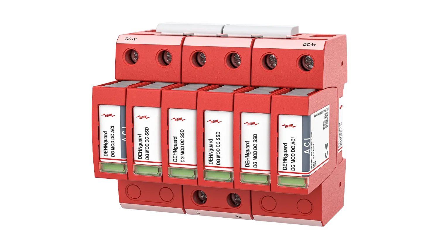 Red modular surge protection device with multiple DC and AC modules, labeled terminals, status windows, and mounting base on a white background.