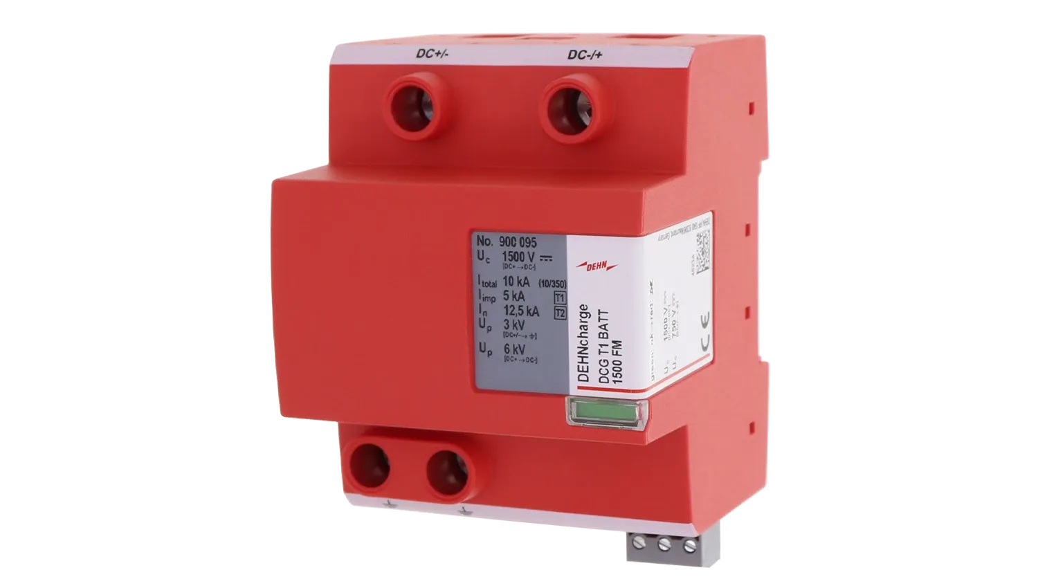 Red DC surge protection device with labeled DC+/DC− terminals, specification label, status window, and mounting base on a white background.