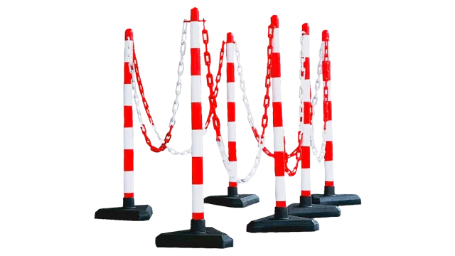 A captivating image displays a striking arrangement of red and white traffic cones, forming an artistic grid pattern. Chains add a touch of elegance, while the black background accentuates their vibrant colors and depth. A creative take on traffic management art.