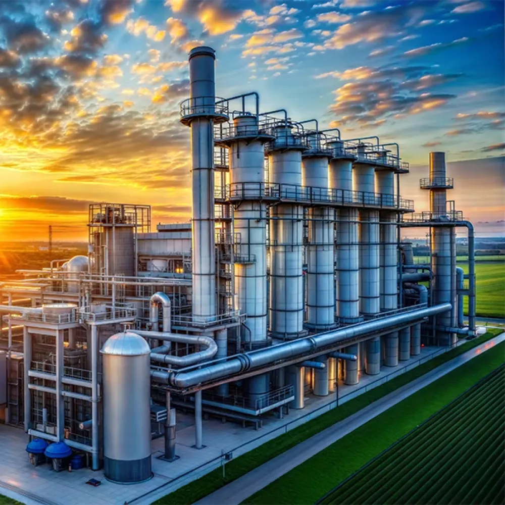 Industrial plant with pipes and towers before sunset.