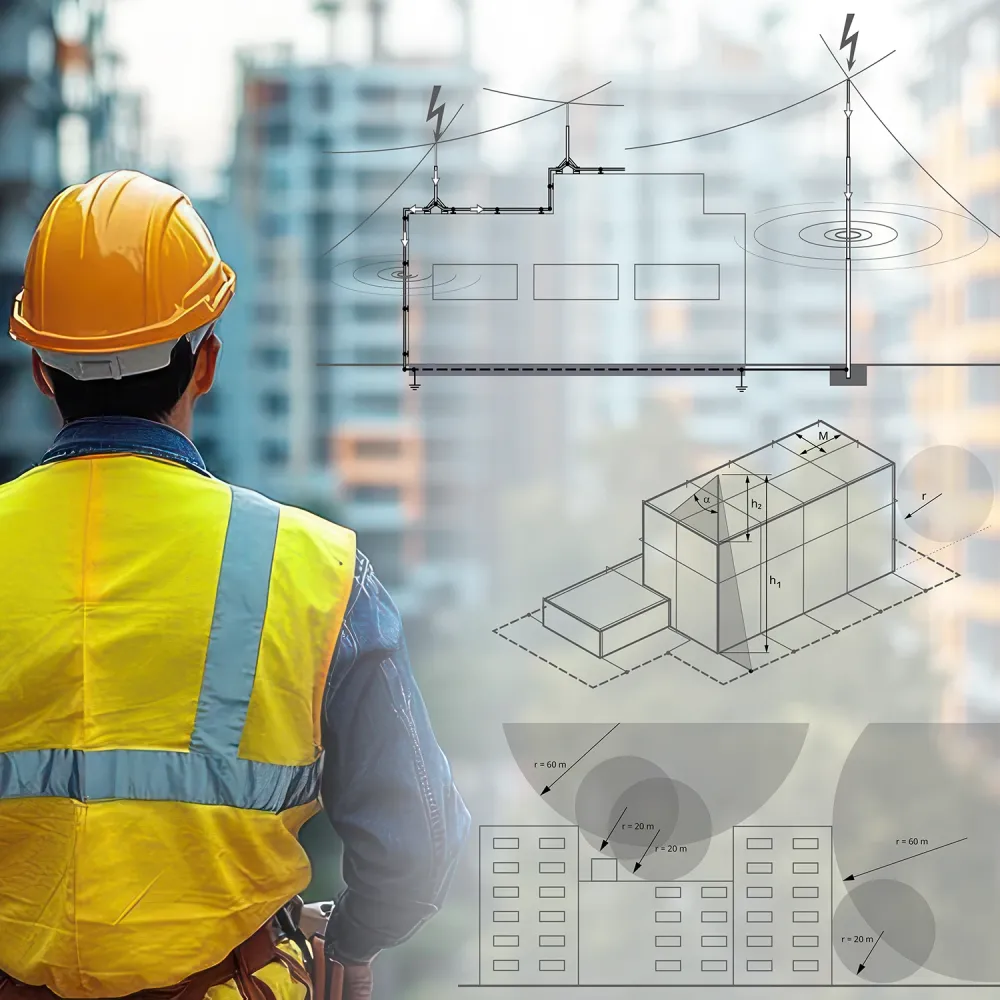 A captivating image displays a construction worker in the heart of a city, holding a blueprint against a backdrop of towering skyscrapers. The image highlights the workers determination, as they blend urban architecture and meticulous design, symbolizing progress and purpose.