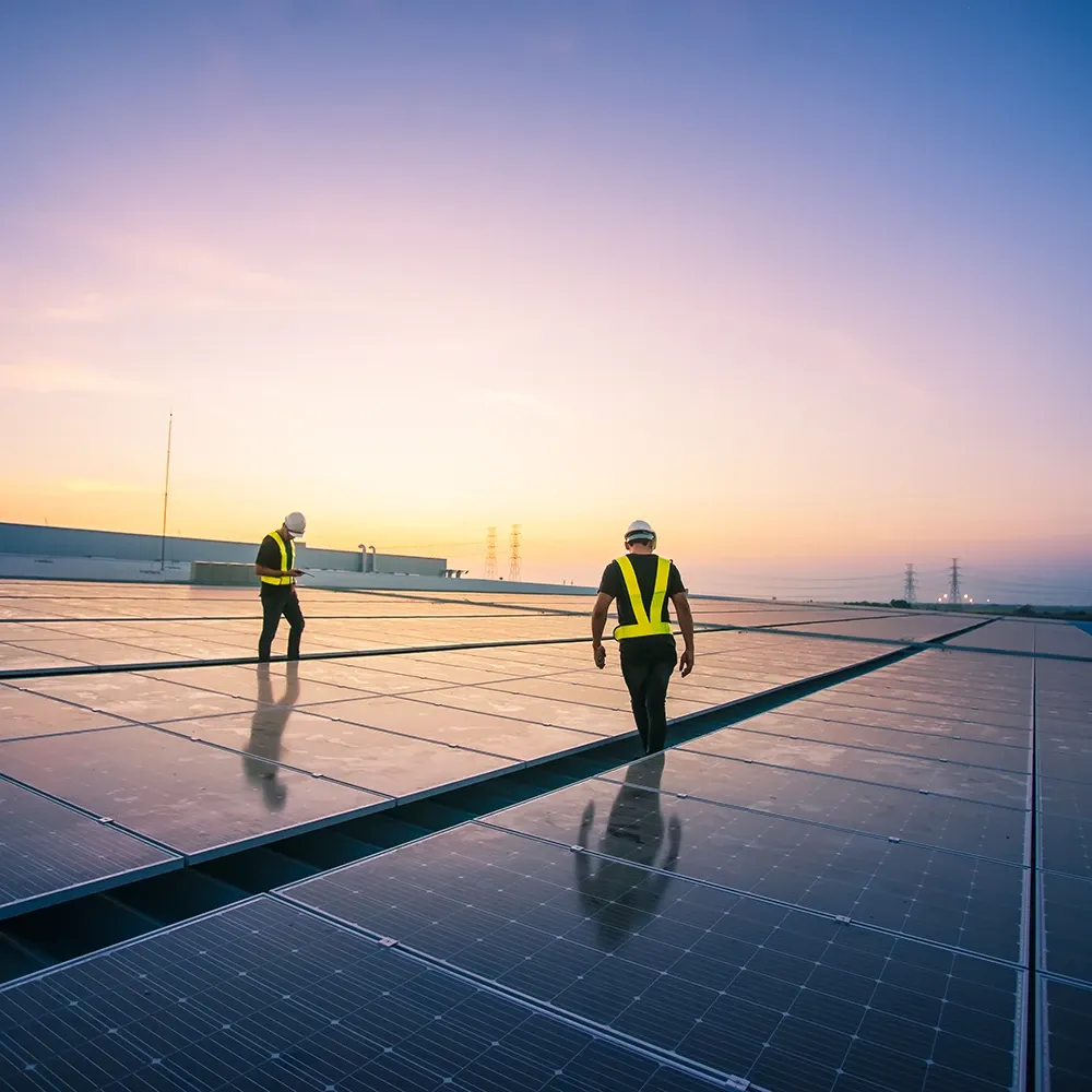 Two people on a flat rooftop with photovoltaic system. Sunset in the background.