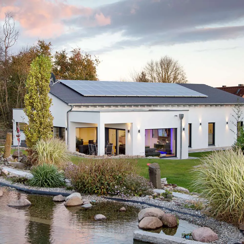 Single-family house with pond and a lot of plants in the garden