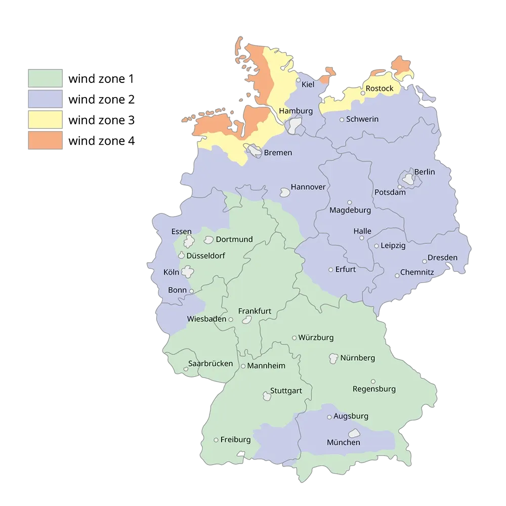 Map of Germany showing wind zones in four color-coded regions with major cities labeled.