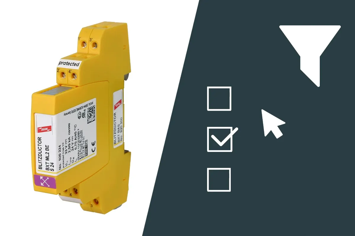 Yellow BLITZDUCTOR XT surge protection module next to filter and selection icons on a dark background.
