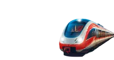 Red and white high-speed train viewed from the front, showing streamlined nose and large windshield.